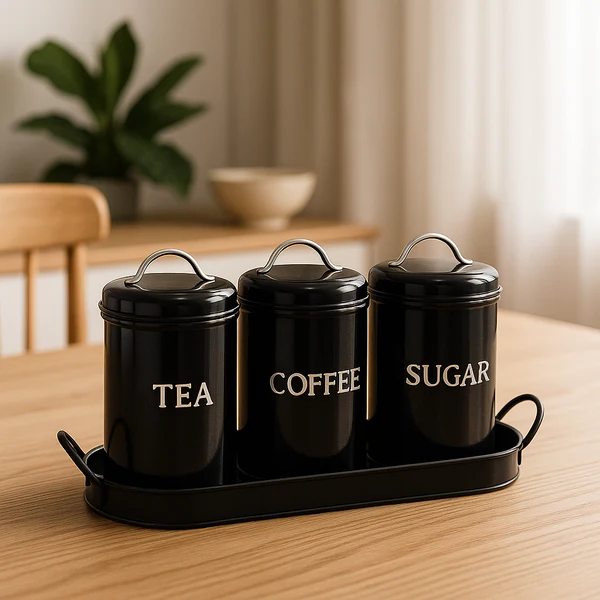8 3-Piece Tea, Coffee & Sugar Jar Set With Metal Tray (SB 01) - Image 1