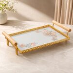 Floral Print Glass Serving Tray | Gold Frame Rectangular Glass Platter Stand with Wooden Handles