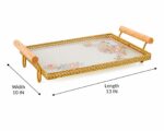 Floral Print Glass Serving Tray | Gold Frame Rectangular Glass Platter Stand with Wooden Handles - Image 2
