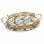 Oval Glass Serving Tray with Tropical Leaf Print & Gold Metal Frame - Image 2