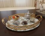 Oval Glass Serving Tray with Tropical Leaf Print & Gold Metal Frame
