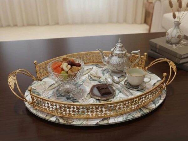 Oval Glass Serving Tray with Tropical Leaf Print & Gold Metal Frame