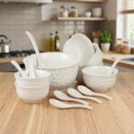 14 Pcs White Embossed Ceramic Soup Set with Spoons