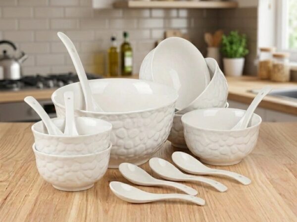 14 Pcs White Embossed Ceramic Soup Set with Spoons