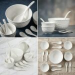 14 Pcs White Embossed Ceramic Soup Set with Spoons - Image 2