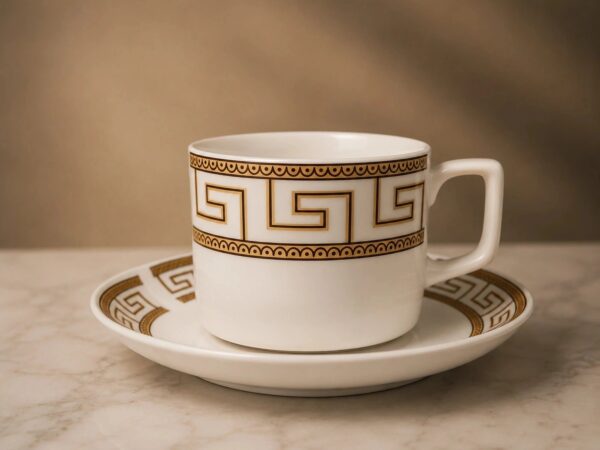 Ceramic White & Gold Greek Key Cups & Saucers | Set Of 6