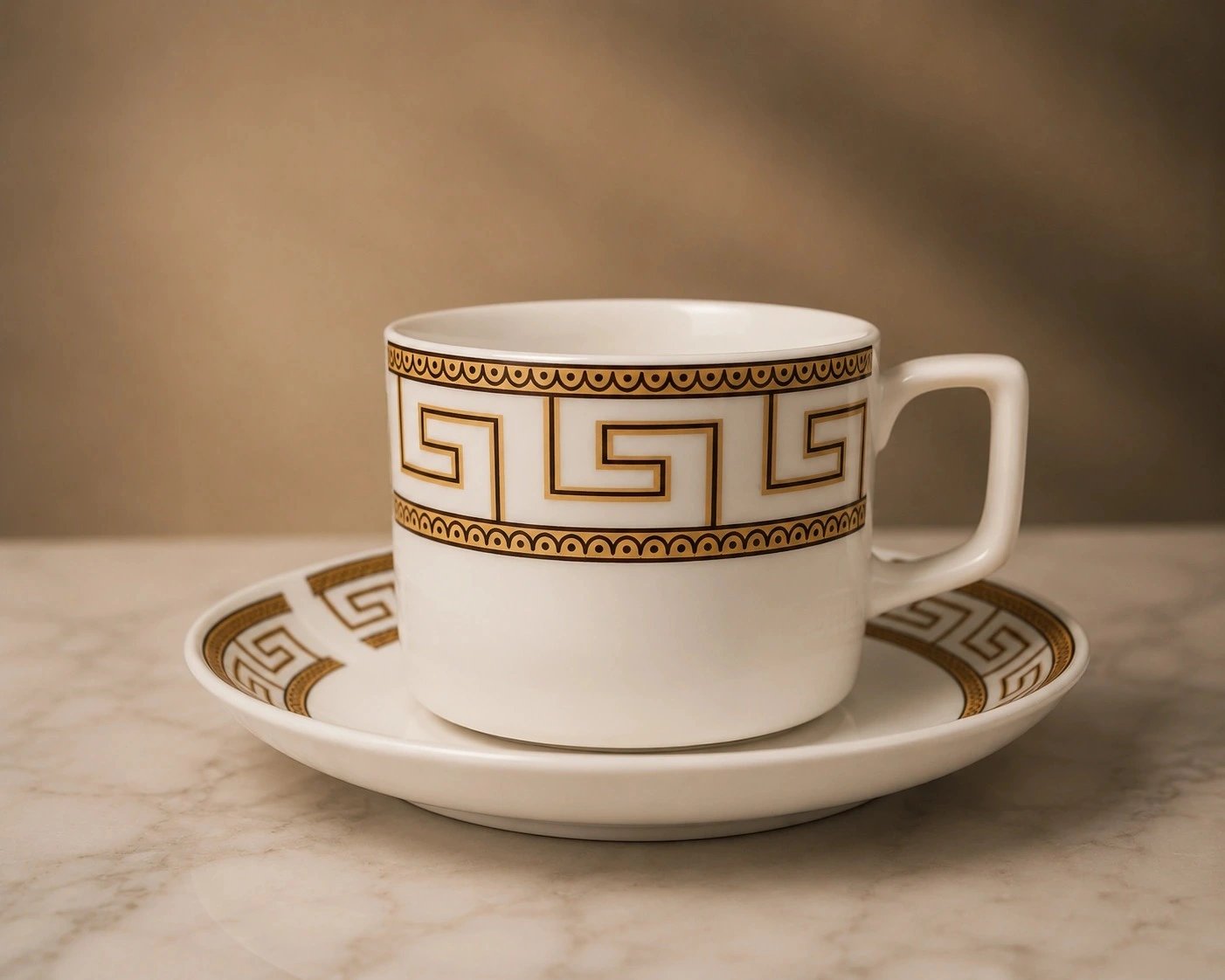 2026/10/1098566.jpg Ceramic White & Gold Greek Key Cups & Saucers | Set Of 6 - Image 1